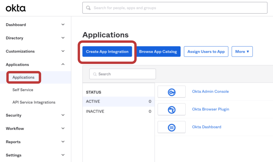 Screenshot of the Okta Admin console, showing the Applications landing page. 'Applications' is circled in the left hand sidebar menu, as is the 'Create App Integration' button.