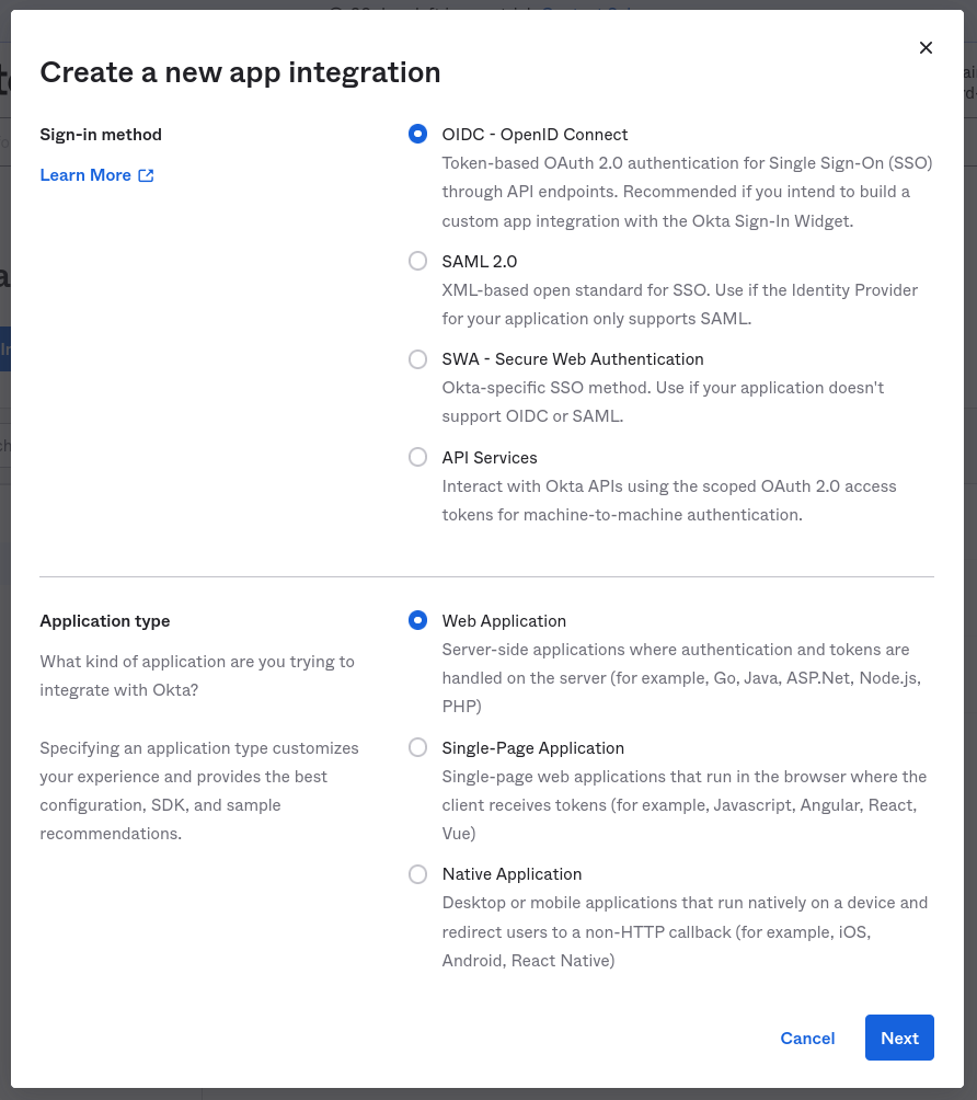 Screenshot of the Okta Admin console, showing the 'Create a new app integration' modal window. This image shows the 'OIDC - Open ID Connect' option selected next to 'Sign-in Method', and the 'web Application' option selected next to 'Application type'.