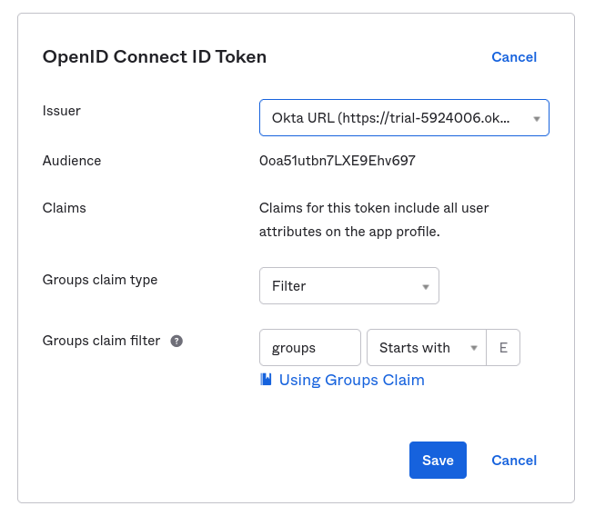 Screenshot showing the OpenID Connect ID Token section being edited. The Issuer field is set to the 'Okta URL' option, while the rest of the options are set as their default options.