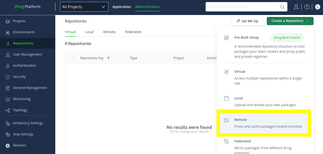 Screenshot of the JFrog Artifactory Repositories tab, showing the drop-down menu that appears when you select the 'Create a Repository' button. This screenshot highlights the 'Remote' option with a yellow box.
