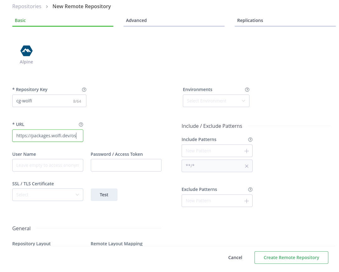 Screenshot of Artifactory's New Remote Repository 'Basic' Configuration tab. The 'Repository Key' field is set to 'cg-wolfi', the 'URL' field is set to 'https://packages.wolfi.dev/os'.